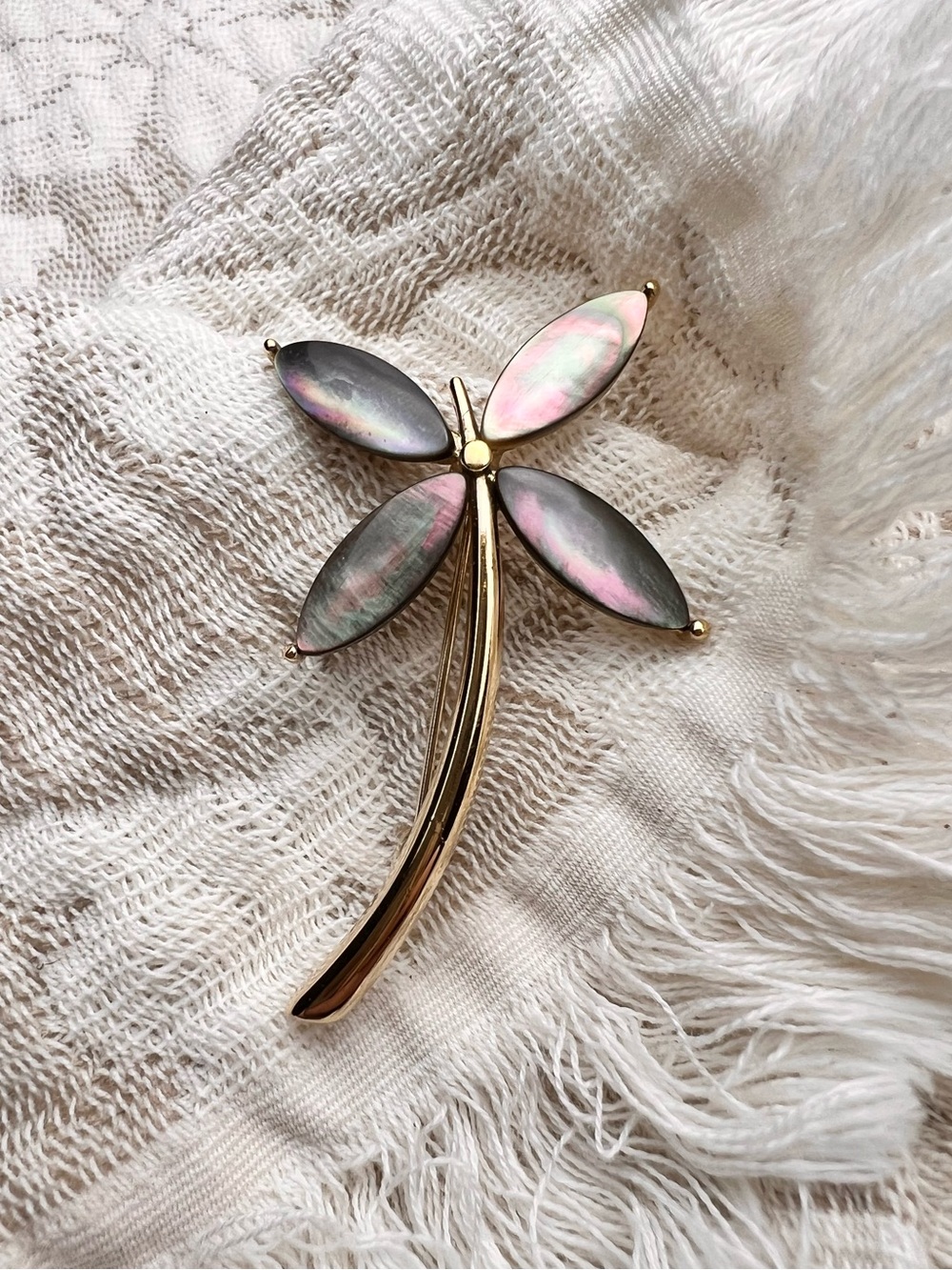 MONET Gold Iridescent Abalone Dragonfly Flower Brooch
